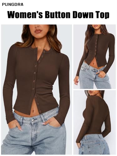 Womens Ribbed Button Down Long Sleeve Top Knit Button Up Fitted Cardigans Cropped Cute Fall Going Out Tops for Women2