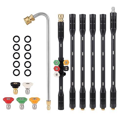 FEDITA Pressure Washer Extension Wand, 110 Inch Gutter Cleaning Tools from The Ground, Power Washer Extension Pole with 5 Nozzle Tips, Curved Rod, 1/4