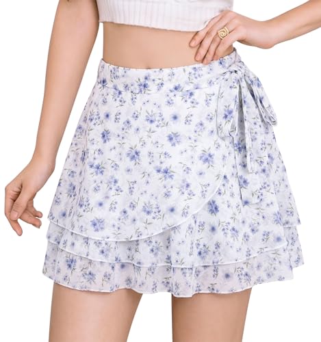 Aunribor Jupe Courte D'été pour Femmes Mini-Jupe Fluide à Volants Taille Haute Élastique A-Line Jupes à Lien Nouable Imprimé Fleur Couleur Unie Légère Décontractée Skirt avec Doublure en Short
