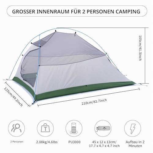 Naturehike Cloud-Up 2 Campingzelt 2 Personen 3-4 Saison Leichtes Rucksack Zelt Wandernde Zelt (Grün 210T Upgrade)