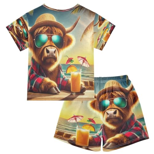 Highland Cow Beach Summer Pajama Set Short Sleeve Sleepwear Soft Pajamas Shorts Sets Cotton PJS 5Y2