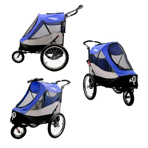 Petique Trailblazer Jogger Hundebuggy für mittelgroße Hunde & Katzen – luftgefüllte Reifen, 3 Leinen, Peek-a-Boo-Fenster, faltbar, großer Stauraum – Blau Haustierwagen