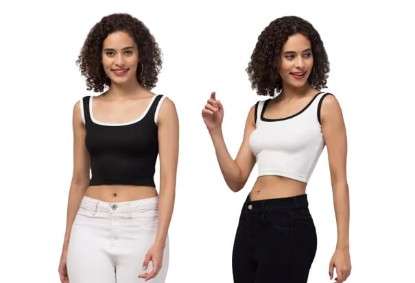 Image of SriSaras Women's Black & White Cotton Strechable Tank Tops /Crop Tops