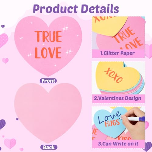 Image of Valentine's Day Conversation Heart Glitter Cutouts - 100Pcs Valentine Candy Color Paper Accent Cutout Assorted Color Paper Heart Cuts for Classroom Bulletin Border Wedding Bridal Shower Party Decors