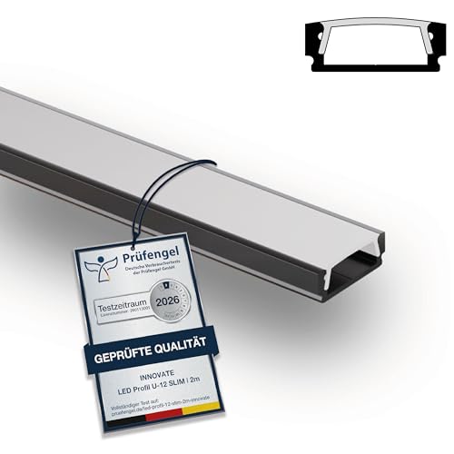 INNOVATE LED Profil 2m Schwarz 1 Stück [Aluprofil inkl. Diffusor Milchig] Kühlkörper LED Streifen 2m I Indirekte Beleuchtung Wohnzimmer I Alu U Profil Lichtleiste Indirekte Beleuchtung Decke Küche