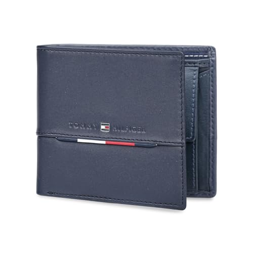 Image of Tommy Hilfiger Men's Leather Wallet Eupen | Solid Navy Multicard Bi-Fold with 6 Card Slots, Side-Closure Coin Pocket | Stylish Purse for Gents