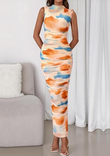 Image of PRETTYGARDEN Women's Summer Maxi Dresses Ruched Bodycon Split Long Dress