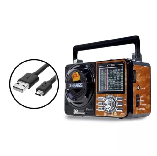 Rádio Portátil X-Bass KT-1088, AM/FM/SW, Alto-Falante Potente, Controle de Volume, Preto e Marrom