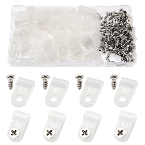 VooGenzek 100 PCS 3/16 Inch R-Type Cable Clip Wire Clamp, Nylon Screw Mounting Cord Fastener Clips with 100 PCS Screws