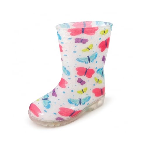 YAAMOO Gummistiefel Kinder Gummistiefel Mädchen mit Schmetterling-Design Regenstiefel Kinder Wasserdicht Anti-Rutsch Sohle Weißer Größe 27 Fest Geschenk