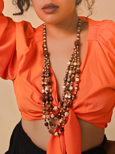 MINACHI Vintage Retro Wooden Beaded Multi Layered Long Necklace, Irregular Unique Shape Beads, Monochrome Style Women's Jewelry, Holiday Accessories3