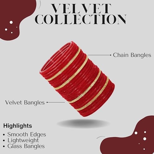 Image of NMII Glass Bangles For Women and Girls with Velvet and Golden Ballchain Linked | Plain Glass Bangles | Velvet Chudi Set | Bangles For Women | Stylish Glass Chudi Bangles- Set of 28