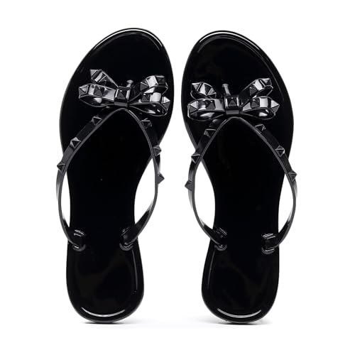 Image of Studded Jelly Shoes for Womens Bow Flip Flops Jellies Sandals Flat Black Summer Beach Thong with Rivets Strappy Slides Slip On