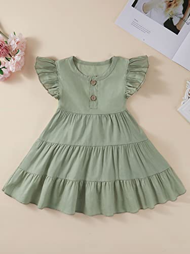 Toddler Baby Girl Cotton Linen Dress Ruffle Sleeve Vintage Button Casual Party Dresses (Green,3-4T) #TOP2