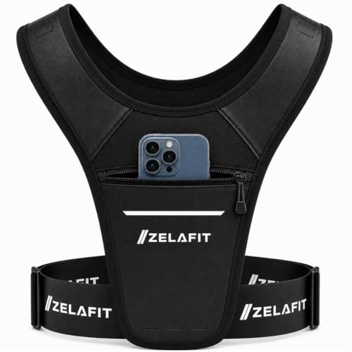 ZelaFit™ Running Phone Holder Vest for Women & Men – Lightweight Running Gear and Everyday Running Essentials – Chest Rig Phone Holder for Running (Black) (Small - Medium)