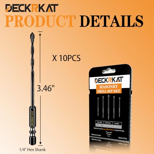 DECKRKAT 10-Piece 5/32" Carbide Masonry Drill Bits for Concrete, Brick, Tile - Black Hex Shank Set w/Heavy-Duty Case, Quick Change Fit Drill Driver by DECKRKAT - Image 2