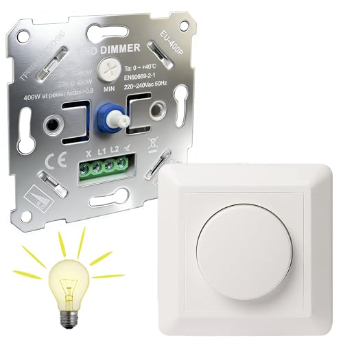 HOSSOM Dimmer für led lampen,LED Dimmer Schalter, Drehdimmer Unterputz Dimmschalter für Dimmbare LEDs/Halogen 5-400W, LED Dimmer 230V, inkl. Dimmer, Weiße Abdeckplatte, Ohne Klemmkrallen