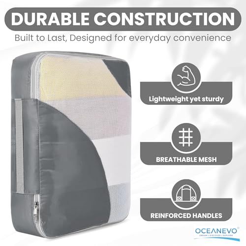 Image of OCEANEVO Set of 10 Pcs Packing Cubes for Travel | Includes Luggage Tag and Toothbrush Holder | Suitcase Organizer for Travelling for Clothes, Shoes and Lingerie | Model 3.0 - Grey - 1 Year Warranty