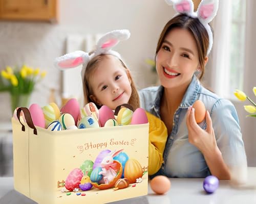 Image of Large Rectangular Easter Baskets Empty Waterproof Boy Toy Box Foldable Kid's Gifts Storage Bin Spring Room Decor(Shell Breaking Rabbit Chicken)
