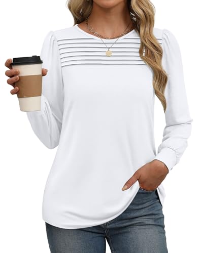 Xieerduo Xieeruo Long Sleeve Shirts For Women Dressy Casual Sweaters Tops Fall Outfits Pleated Front Tunic Tops For Leggings White M cover