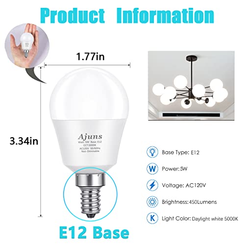 Ajuns Led Ceiling Fan Light Bulbs 40W Equivalent 120V E12 Led Candelabra Light Bulb 5W Daylight White 5000K A15 , Used For Branch Chandeliers, Vanity Mirror Light, E12 Base 4Pack #TOP4