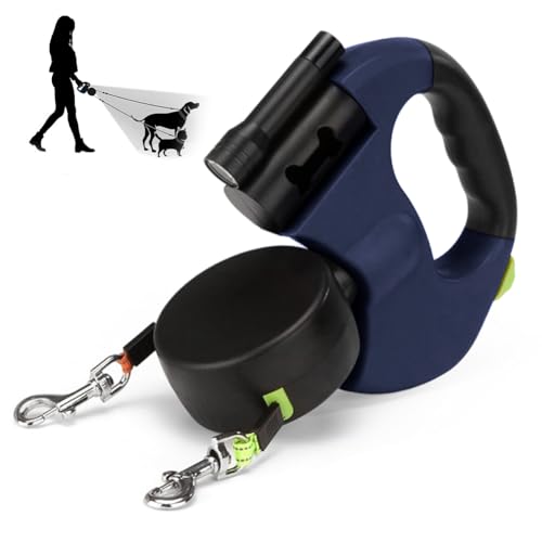 CRWEOM Guinzaglio doppio per cani – Guinzaglio retrattile con rotazione a 360°, illuminazione a LED e nylon riflettente, impugnatura ergonomica (blu)