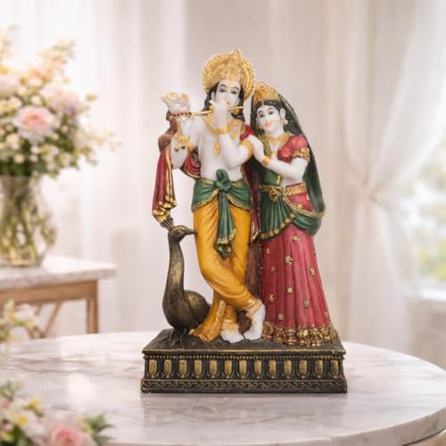 Image of ARMONIA Radha Krishna Murti 11 Inch | Premium Marble Dust Radha Krishna Idol with Peacock for Mandir, Home Decor & Office Desk | Radhakrishna Statue Spiritual Gift for Diwali, Wedding & Housewarming