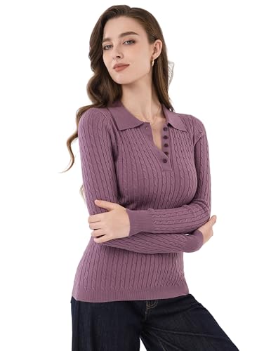 AmélieBoutik Women Cable Knit V Neck Long Sleeve Button Up Polo Shirt2