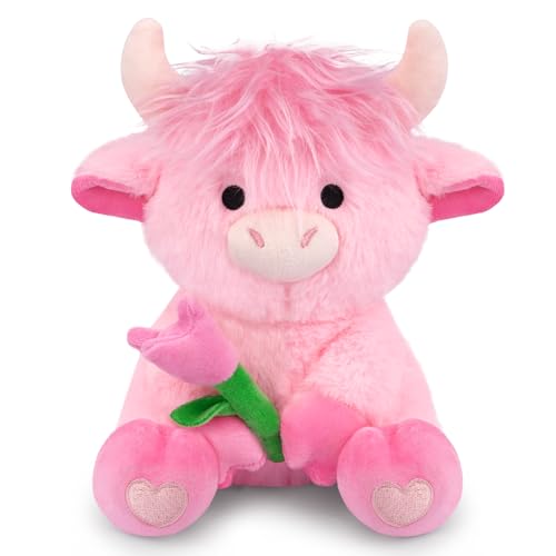 JIZWPOOM Highland Cow Stuffed Animal 8inch Pink Highland Cow Plush Sit Toy with Holding Tulip Cute Stuffy Toys Kawaii Decorations Wedding Gifts for Mom Lover Kids Boys Girls