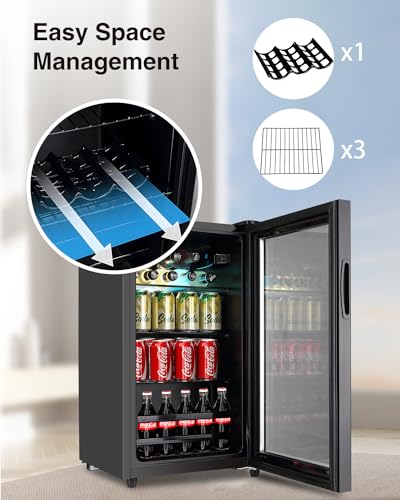 FLB-60 Refrigerator Cooler-120 Can Freestanding Beverage Cooler with Glass Door-Small Drink Dispenser Machine for Office or Bar with Adjustable Removable Shelves, Black