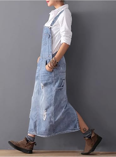 Image of loveimgs Women Distressed Denim Overall Dress Bib Long Jean Jumper Ripped Adjustable Straps Patchwork Pinafore Dress
