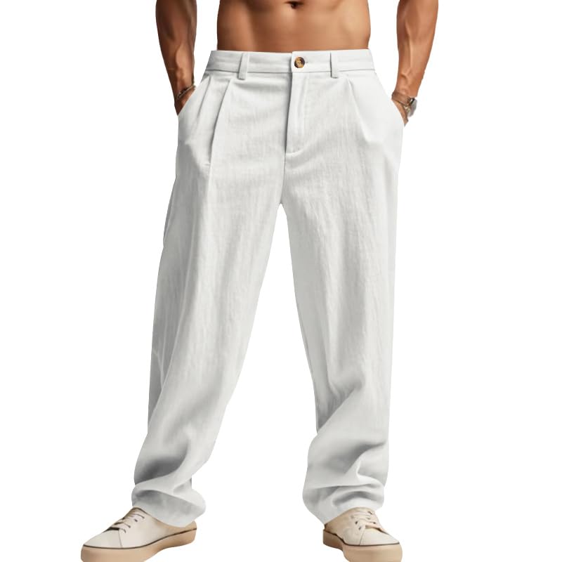 Mens Linen Pants Coconut Palm Print Pants Loose Straight Leg Drawstring Elastic Waist Trendy Outdoor Beach Trousers