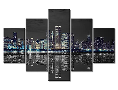 TUMOVO Chicago Downtown at Night Picture for Bedroom Modern Cityscape