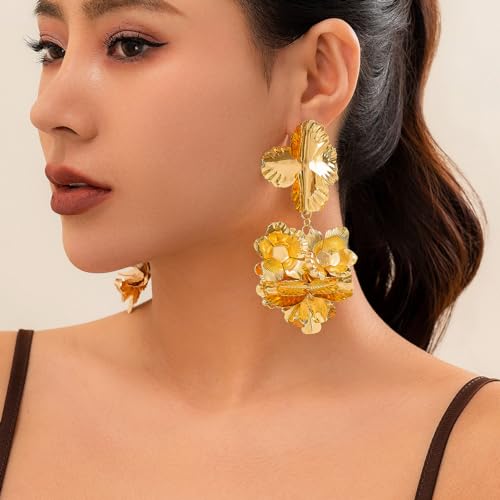Gold Statement Flower Earrings for Women Heart Geometric Metal Pleated Floral Drop Dangle Earrings Exaggerated Shiny Petal Earring Jewelry Gifts4