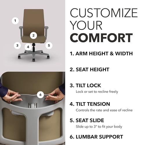 Image of HON Ignition 2.0 Mid‑Back Ergonomic Office Chair, Mesh Task Desk Chair with Lumbar Support, Standard Synchro‑Tilt, Height and Width Adjustable Arms, Titanium Frame, Quicksand