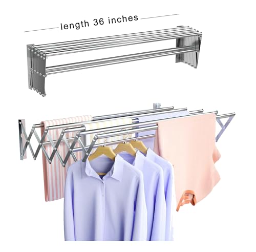 Image of 36-Inch Stainless Steel Foldable Wall-Mounted Clothes Drying Rack | Heavy-Duty 7 Rod Laundry Hanger | Space-Saving, Rust-Proof Drying Stand for Indoor & Outdoor Use (3 Feet)