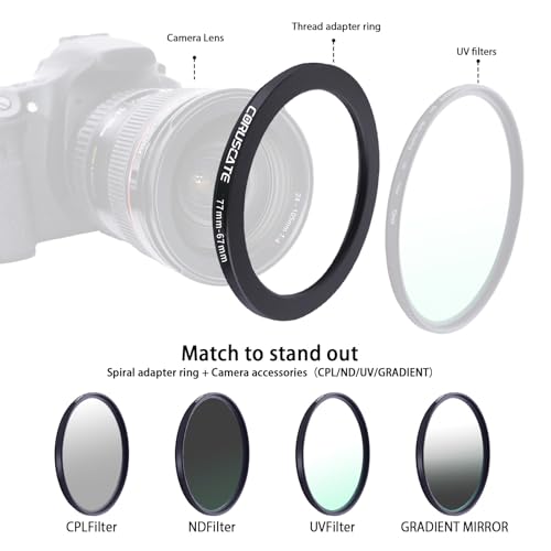 Anillo adaptador de filtro para cámara 77 mm a 67 mm, anillos metálicos adaptadores compatibles con todas las lentes de 77 mm y accesorios de cámara de rosca 67 mm + 1 paño de limpieza para lentes miniatura 5