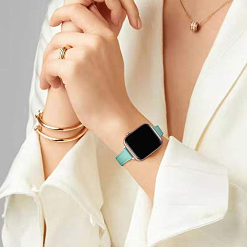 Image of STIROLL Slim Leather Bands Compatible with Apple Watch Band 49mm 46mm 45mm 44mm 42mm(Series 3 2 1), Top Grain Leather Watch Thin Wristband for iWatch Ultra SE Series 11 10 9 8 7 6 5 4(Light Blue with Rose Gold)