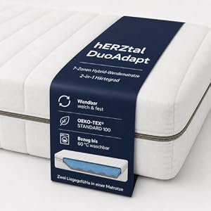 hERZtal DuoAdapt 18 cm 7-Zonen Wendematratze, 2-in-1 Härtegrad Soft/Medium oder Medium/Hard, Hybrid-Komfortschaum, ergonomische Matratze, Bezug bis 60 °C waschbar, Oeko-TEX (140x200 c, Soft/Mediu)