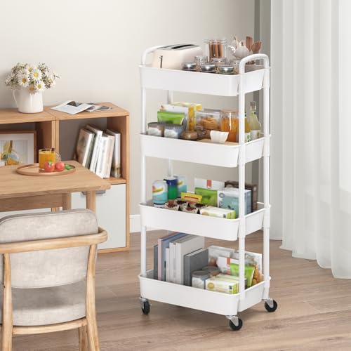Image of Sywhitta 4-Tier Plastic Rolling Utility Cart with Handle, Multi-Functional Storage Trolley for Office, Living Room, Kitchen, Movable Storage Organizer with Wheels, White (Pack of 2)