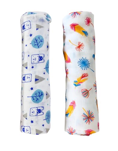 Image of Swaddle for Babies -100% Muslin Cotton Soft Swaddle /Blanket /Multipurpose Wrap for New Born Baby Girl & Boy | Perfect for Gifting | 100x100 cm | 0-6 Months, Set of 2, (Bear & Feather Print)