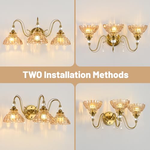 Image of Vintage Bathroom Vanity Light, 3-Light Brushed Gold Finish Wall Sconce with Hanging Crystal Accents and Flower-Shaped Amber Glass Shades, Retro Wall Mount Vanity Light Over Mirror for Bathroom