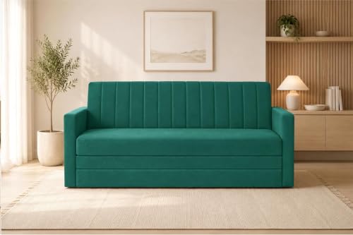 Image of Los Angeles Velvet Three-Seater Sofa Cum Bed with Armrest, Multipurpose Convertible Sleeper Couch Sofa for Living Room, Bedroom & Office- Green Color