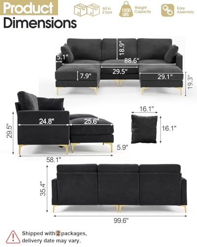 Image of Karl home 99.6 inch 3-Seat U-Shaped Sectional Sofa, Gray | Chenille Upholstered, 2 Movable Ottomans, Cloud-Like Seat, 2 Throw Pillows, Comfy Deep Seat, Living Room, Apartment, Office