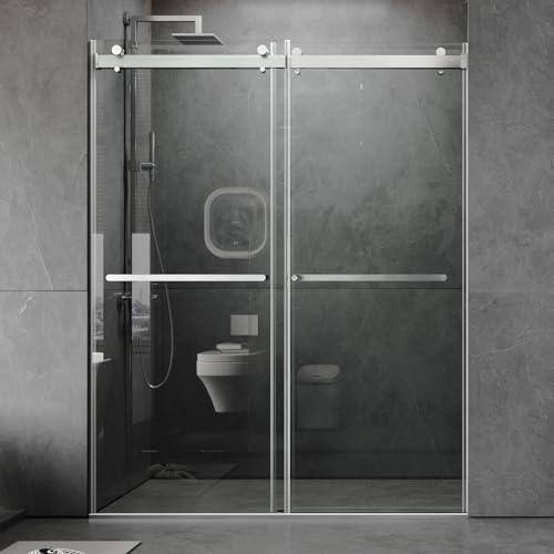 ROOMTEC 56 to 60'' W x 76'' H Frameless Shower Door, Double Sliding Shower Door with Premium 3/8'' (10mm) Thick Tempered Glass, Stainless Steel, Matte Brushed