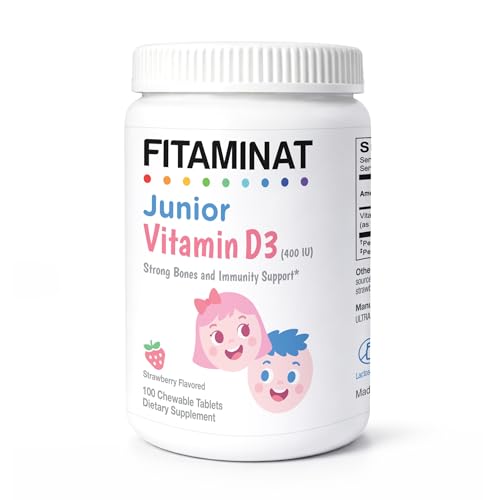 FITAMINAT Junior Vitamin D3 400 IU for Kids Strawberry Chewable Tablets for Strong Bones Teeth & Immunity Gluten Free Lactose Free No Artificial Colors Made in Finland 100 Tablets