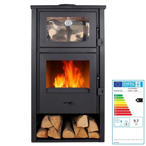 EIDER BIOMASA – Estufa de Leña Lux con Horno en INOX – 12,4 kW – Compacta 104x46x48 cm – Horno Superior de Acero Inoxidable – Frente y Tapa en Fundición – Calienta hasta 210 m³ – Clase Energética A