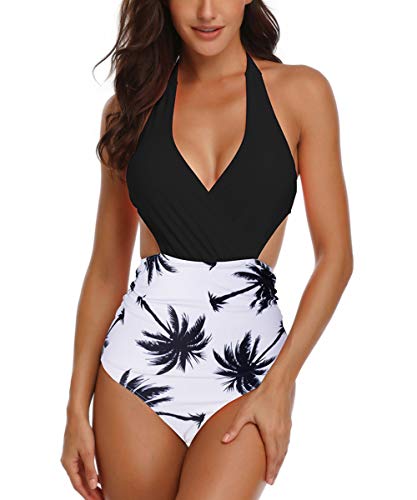 Preisvergleich Produktbild Spreadhoodie Badeanzug Damen Badeanzug Sexy Bikini Rueckenfrei Bademode Schwarz Weiß Neckholder Blumen V-Ausschnitt Einteiliger Bademode Hohe Taille XXL