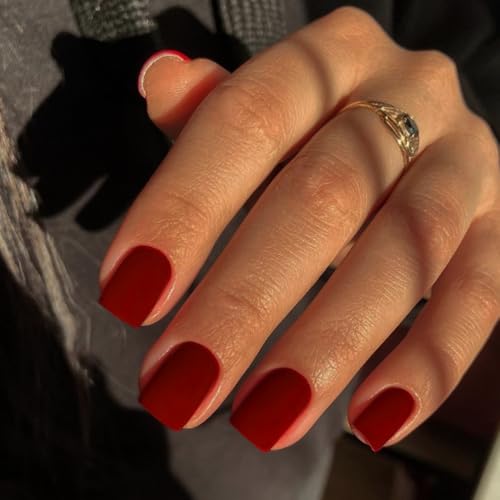 Matte Red Press on Nails Short Square, KXAMELIE Gel Nails Glue on...