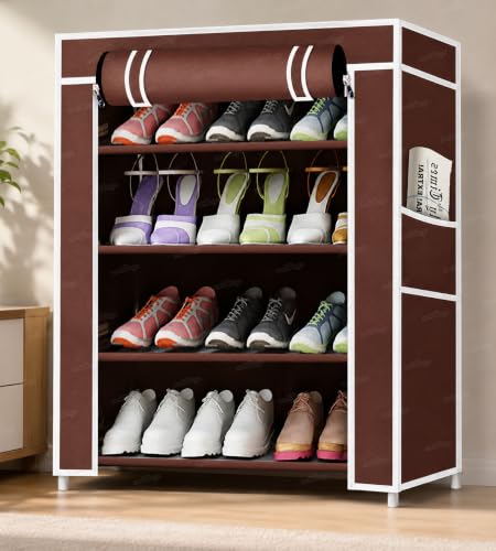 Image of Zest 4 Toyz 4 Shelf Shoe Rack for Home with Zip Door Cover & Side Pockets Shoe Stand Multipurpose Storage Rack for Footwear Toys Clothes with Dustproof Cover (Brown)